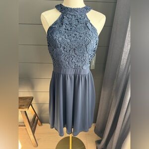 Lulu's Navy High Neck Short Flowy Sleeveless Dress with Crochet Lace Bodice